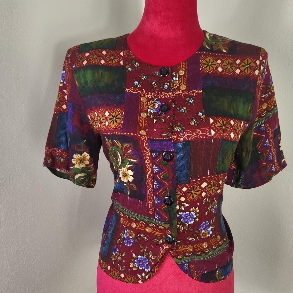 Vintage 80s Buttoned Patchwork Orange, Burgundy, … - image 2